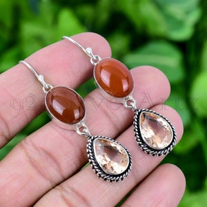 Morganite Earring, Red Onyx 925 Sterling Silver Earring Morganite Gemstone Earring Handmade Silver Jewelry Drop Earring Gift For Her EJS540