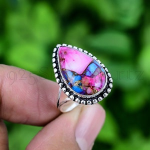Kingman Pink Dahlia Turquoise Ring Oyster Turquoise Ring Pink Spiny Oyster Sterling Silver Ring Gemstone Handmade Ring Gift For Her RJS653