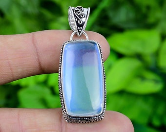 Milky Blue Fire Opal Pendant: Handmade 925 Sterling Silver Vintage Style