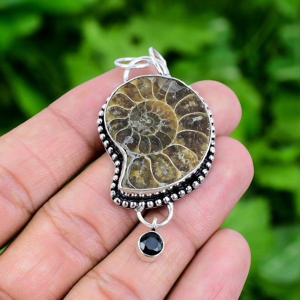 Ammonite Fossil Pendant, Black Onyx 925 Sterling Silver Pendant Ammonite Fossil Genuine Gemstone Pendant Silver Jewelry For Gift 2.4" PJS305