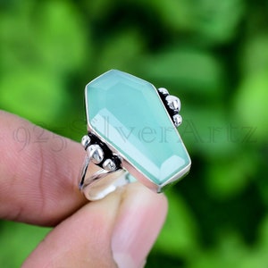 Aqua Chalcedony Coffin Ring 925 Sterling Silver Ring Aqua Chalcedony Genuine Gemstone Ring Handmade Statement Ring Gift For Her RJS628