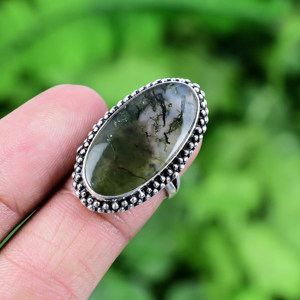 Moss Agate Ring 925 Sterling Silver Ring Moss Agate Genuine Gemstone Bohemian Ring Handmade Silver Jewelry Ring Gift For Her RJS6