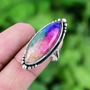 Rainbow Solar Quartz Ring 925 Sterling Silver Ring Genuine Gemstone Bohemian Ring Handmade Silver Jewelry Ring Gift For Her RJS95