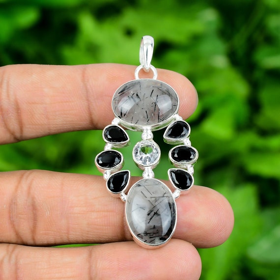 Black Rutile Quartz Pendant, Black Onyx, White Topaz 925