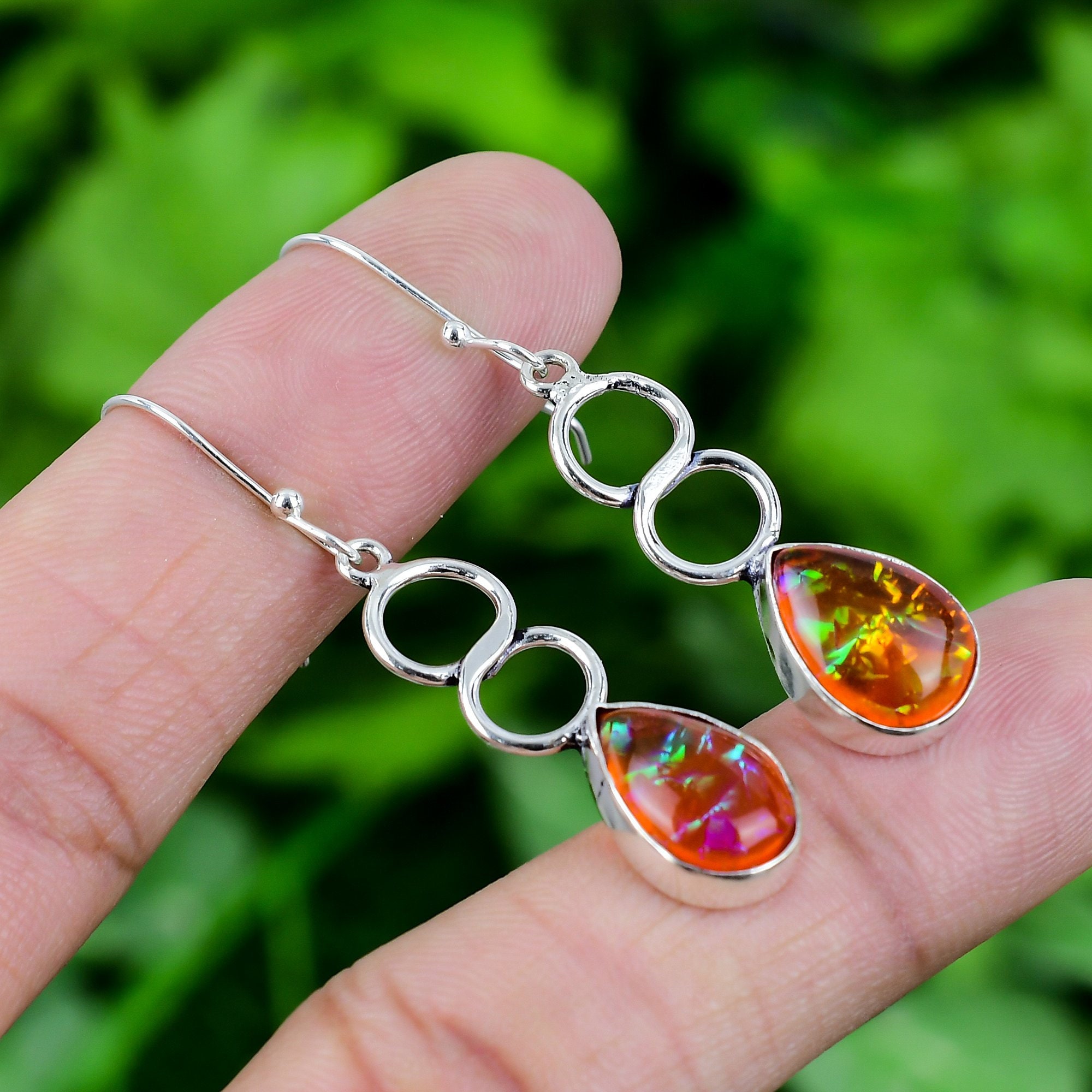 White Fire Opal Earrings, 925 Sterling Silver Dangle Earrings, October Birthstone Jewelry, Blue White Fire Opal Earrings, 925 Sterling Silver Dangle Earrings, October Birthstone Jewelry, Blue