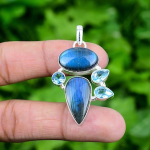 Pendentif labradorite flash bleu, pendentif topaze bleue en argent sterling 925 Labradorite véritable pendentif bijoux pour cadeau 2,0 po. PJS364