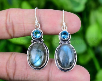 Natural Labradorite with Blue Topaz Earrings, 925 Sterling Silver Genuine Gemstone Jewelry, Handmade Dangle Drops, Gift For Her
