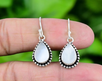 Handmade Mother of Pearl Earrings: 925 Sterling Silver Dangle Jewelry