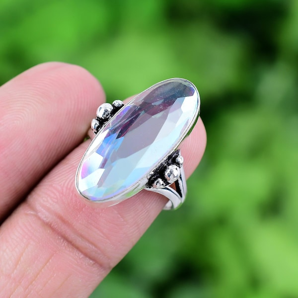 Rainbow Aqua Mystic Topaz Ring 925 Sterling Silver Ring Genuine Gemstone Bohemian Ring Handmade Silver Jewelry Ring Gift For Her RJS60