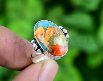 Spiny Oyster Copper Turquoise Ring | 925 Sterling Silver Natural Gemstone Bohemian Jewelry | Handmade Statement Ring | Gift for Wife