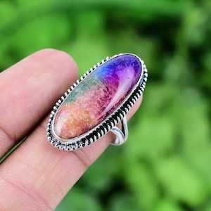Rainbow Solar Quartz Ring 925 Sterling Silver Ring Genuine Gemstone Bohemian Ring Handmade Silver Jewelry Ring Gift For Her RJS177