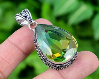 Pendentif Quartz Tourmaline Bicolore – Argent 925, Fait Main, Inde