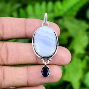 Blue Lace Agate Pendant, Sapphire 925 Sterling Silver Pendant Blue Lace Agate Gemstone Handmade Silver Jewelry Pendant Gift For Her PJS823