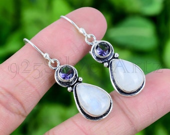 Rainbow Moonstone Earring, Amethyst 925 Sterling Silver Earring Rainbow Moonstone Genuine Gemstone Handmade Dangle Earring For Gift EJS560