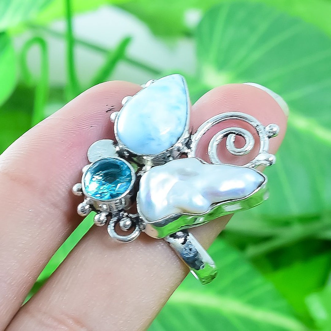 Caribbean Larimar Ring Biwa Pearl Blue Topaz 925 Sterling - Etsy