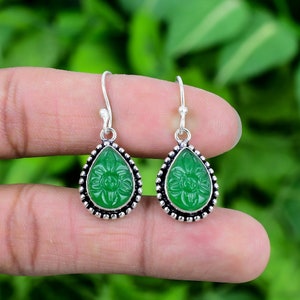 Carved Green Jade Earring 925 Sterling Silver Earring Green Jade Genuine Gemstone Handmade Silver Jewelry Earring Gift For Her EJS703