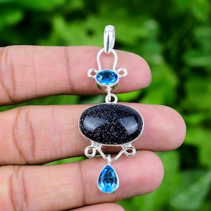Blue Sunstone Pendant, Blue Topaz 925 Sterling Silver Pendant Sunstone Genuine Gemstone Pendant Handmade Silver Jewelry For Gift 2.4&quot; PJS313