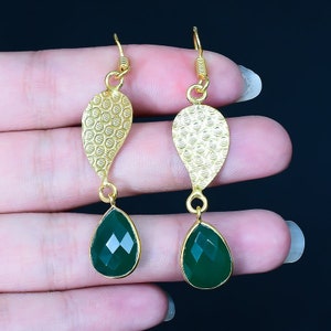 Boucle d&#39;oreille en onyx vert à facettes, pierre précieuse véritable faite main, bijoux en or bohème, cadeau pour elle ESLG11