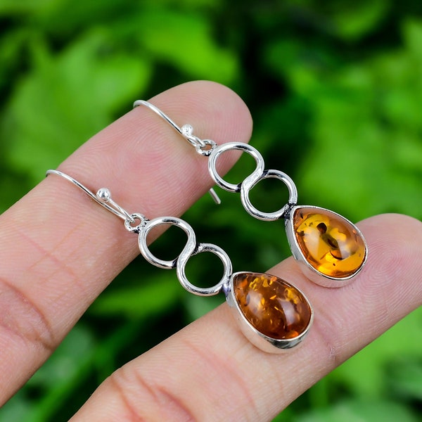 Amber Earring 925 Sterling Silver Earring Amber Gemstone Handmade Silver Jewelry Earring For Gift 1.8" Inches Long