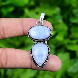 Blue Lace Agate Pendant 925 Sterling Silver Pendant Blue Lace Agate Genuine Gemstone Pendant Handmade Silver Jewelry For Gift 2.4&quot; PJS349
