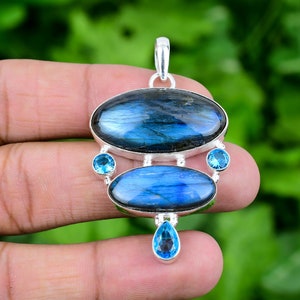 Pendentif labradorite flash bleu, pendentif topaze bleue en argent sterling 925 Labradorite véritable pendentif bijoux pour cadeau 2,2 pouces PJS339