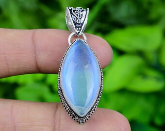Milky Blue Fire Opal Pendant: Handmade Sterling Silver Marquise Jewelry