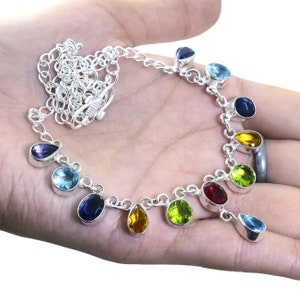 Multi Color Quartz Necklace 925 Sterling Silver Necklace Multi Gemstone Handmade Jewelry Necklace for her 18 Inches Long Lovely Gift