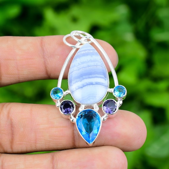Blue Lace Agate Sterling Silver Pendant: Topaz & Amethyst Gemstone Jewelry