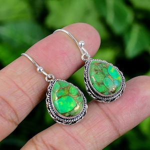 Copper Green Turquoise Earring 925 Sterling Silver Earring Genuine Turquoise Gemstone Handmade Jewelry Dangle Earring Gift For Her SLGRE145