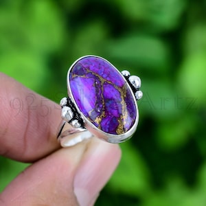 Purple Copper Turquoise Ring, 925 Sterling Silver Genuine Gemstone Jewelry, Handmade Statement Bohemian Ring, Gift for Women