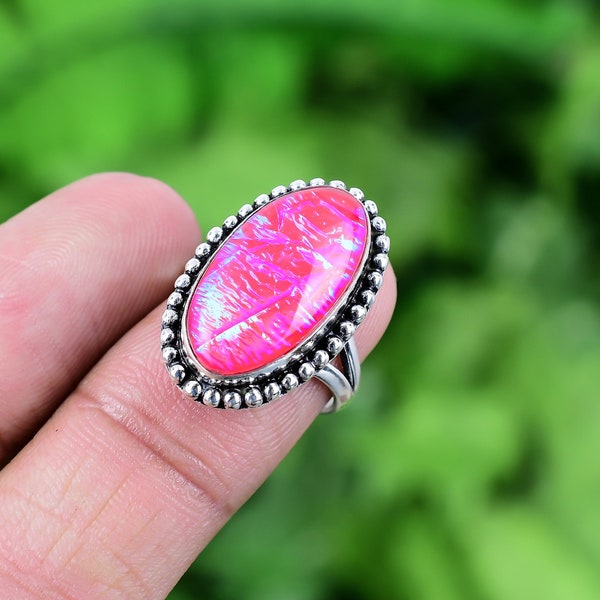 Pink Triplet Fire Opal Ring 925 Sterling Silver Ring Statement Gemstone Bohemian Ring Handmade Silver Jewelry Ring Gift For Her RJS4
