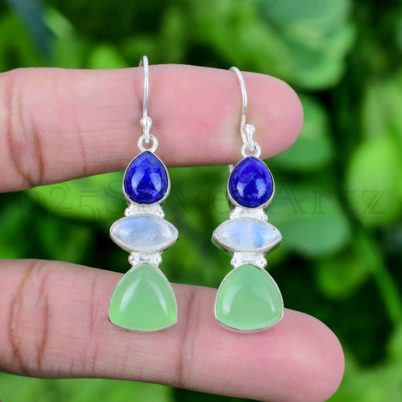 Gem And Harmony Green Jade Sterling Silver Dangle Earrings - 925 Oval Bead Set