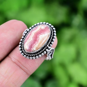 Pink Rhodochrosite Ring, 925 Sterling Silver Filigree Art Bohemian Jewelry, Genuine Gemstone Handmade Statement Ring, Gift for Women / Her