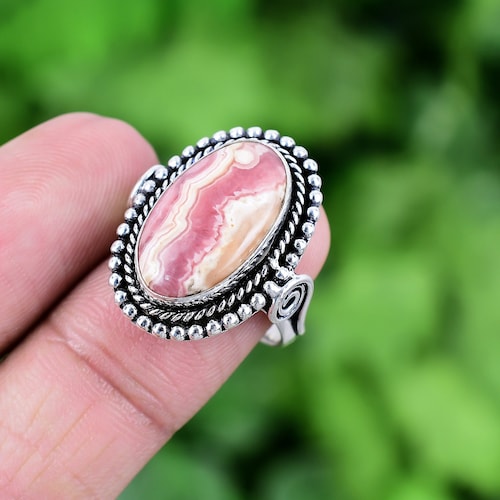 Pink Rhodochrosite Ring, 925 Sterling Silver Filigree Art Bohemian Jewelry, Genuine Gemstone Handmade Statement Ring, Gift for Women / Her