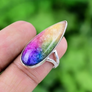Rainbow Solar Quartz Ring 925 Sterling Silver Ring Genuine Gemstone Bohemian Ring Handmade Silver Jewelry Ring Gift For Her RJS197