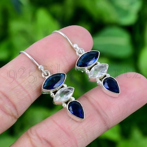 Blue Sapphire Earring, White Topaz 925 Sterling Silver Earring Blue Sapphire Gemstone Earring Handmade Dangle Earring Gift For Her EJS527
