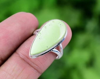 Lemon Chrysoprase Ring, 925 Sterling Silver Natural Green Gemstone Bohemian Jewelry, Handmade Statement Ring, Gift for Her