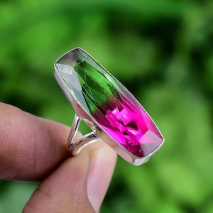 Bague tourmaline bicolore pastèque, bague en argent sterling 925, belle bague bohème avec pierres précieuses, bijoux en argent faits à la main, bague cadeau pour elle RJS202