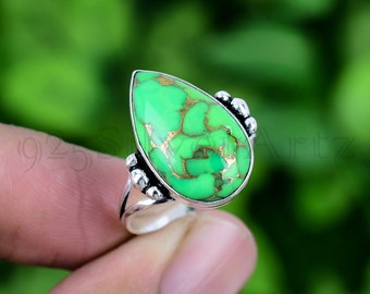 Copper Green Turquoise Ring 925 Sterling Silver Ring Copper Green Turquoise Genuine Gemstone Ring Handmade Statement Ring For Gift RJS652