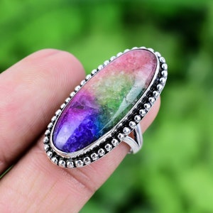 Rainbow Solar Quartz Ring 925 Sterling Silver Ring Genuine Gemstone Bohemian Ring Handmade Silver Jewelry Ring Gift For Her RJS181