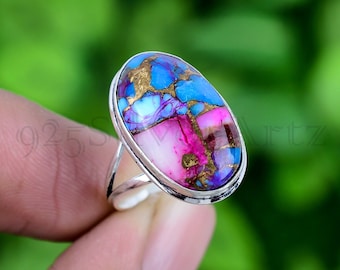 Kingman Pink Dahlia Turquoise Ring Kingman Oyster Turquoise Ring 925 Sterling Silver Ring Turquoise Ring Oval Handmade Ring For Gift RJS643