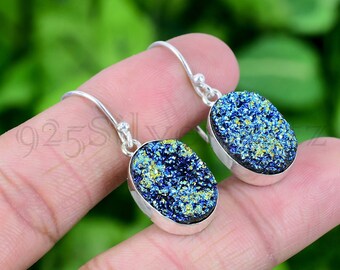 Titanium Druzy Earrings, 925 Sterling Silver Sparkling Gemstone Jewelry, Handmade Dangle Drops, Gift For Her