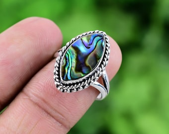 Abalone Shell Ring 925 Sterling Silver Ring Abalone Shell Genuine Gemstone Bohemian Ring Handmade Silver Jewelry Ring Gift For Her RJS194