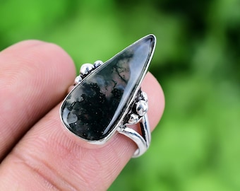 Moss Agate Ring 925 Sterling Silver Ring Moss Agate Genuine Gemstone Bohemian Ring Handmade Silver Jewelry Ring Gift For Her RJS171