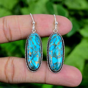 Fabulous Blue Copper Turquoise Earring 925 Sterling Silver Earring Copper Turquoise Jewelry Dangle Drop Oval Earring Gift For Her SLGRE158