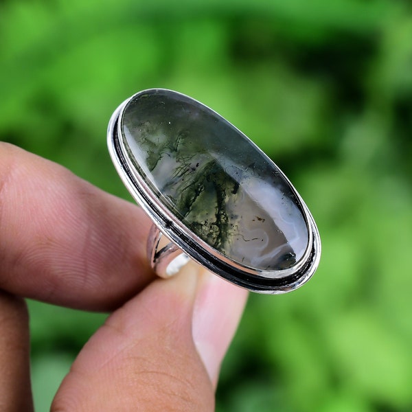 Moss Agate Ring 925 Sterling Silver Ring Moss Agate Genuine Gemstone Bohemian Ring Handmade Silver Jewelry Ring Gift For Her RJS101