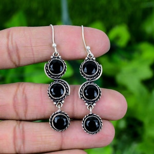 Black Onyx Dangle Earrings 925 Sterling Silver Earring Black Onyx Round Cut Gemstone Handmade Silver Jewelry Earrings Gift For Her SLGRE66