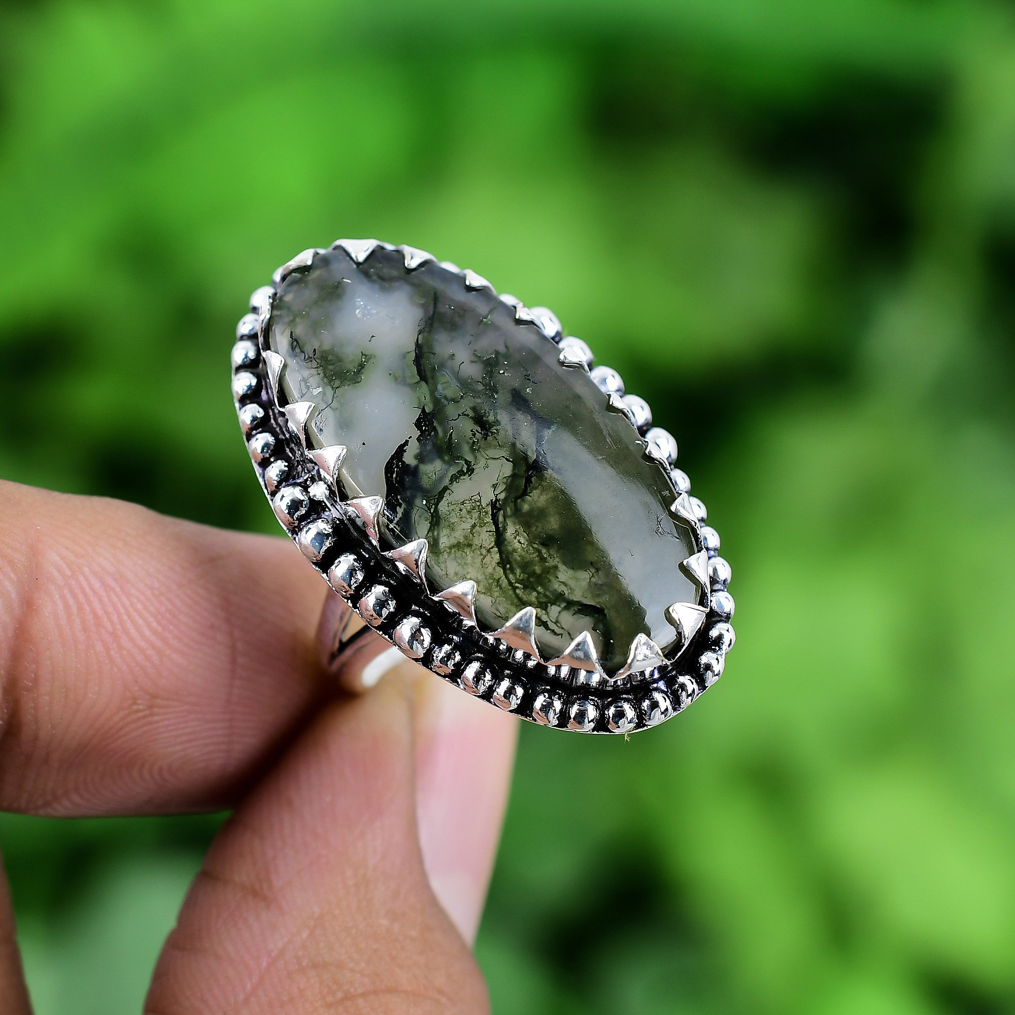 Indian Moss Agate Ring 925 Sterling Silver Ring Moss Agate Genuine Gemstone Bohemian Ring Handmade Silver Jewelry Ring Gift For Her RJS190