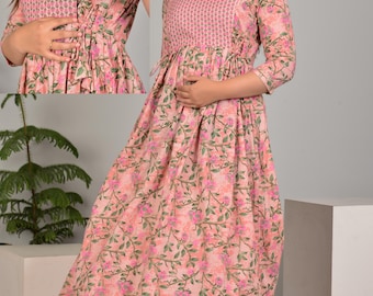 Vestido largo de maternidad rosa con estampado floral, vestido de lactancia de algodón ideal para amamantar, kurti para embarazadas, conjunto cómodo de corte A para baby shower.