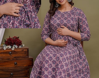 Umstandskleid Blumenmuster für Damen mit Reißverschluss, bequemes Stillkleid, lässige ethnische Kleidung für Schwangerschaft und Wochenbett